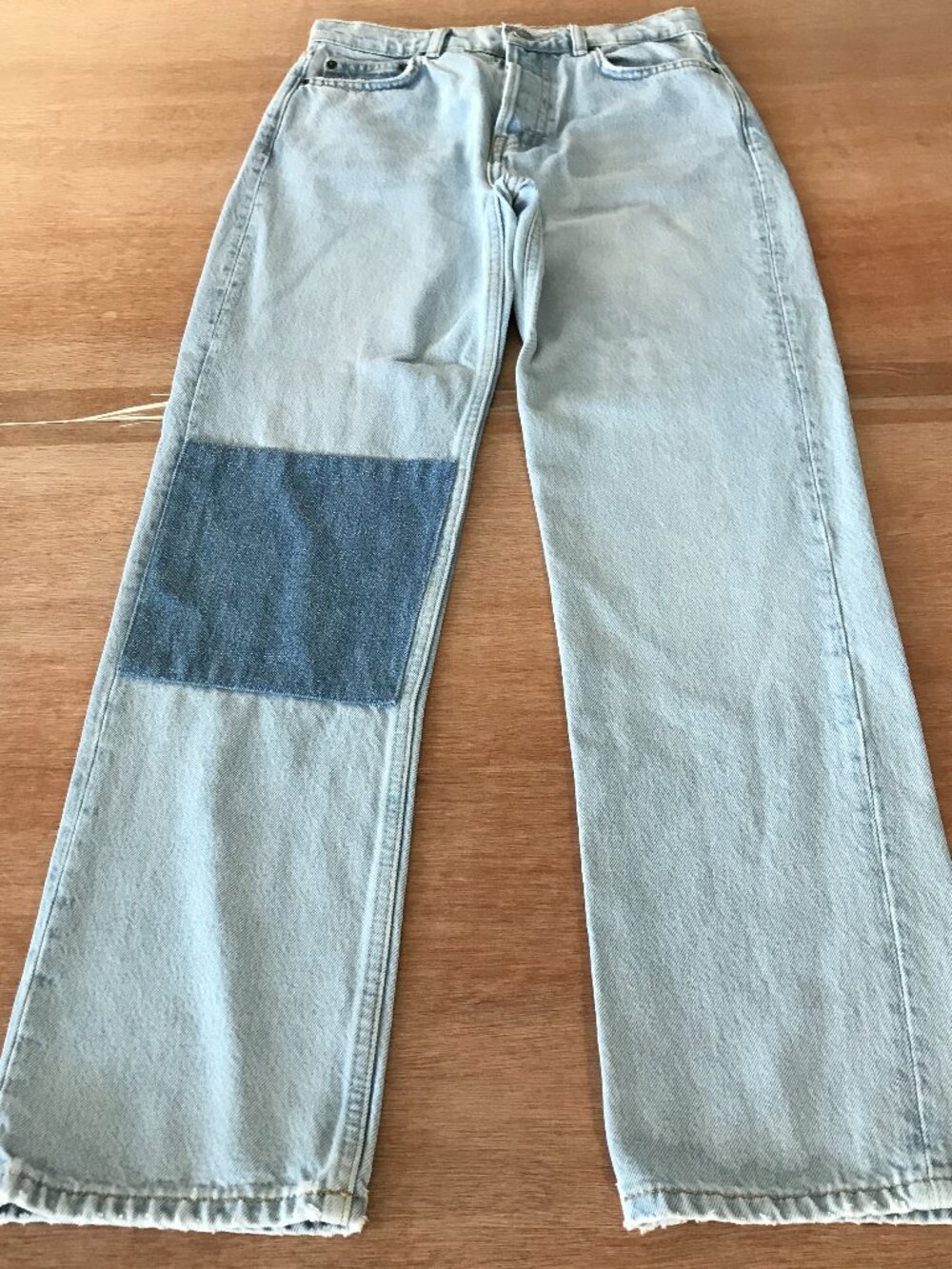 Reformation Light Blue Straight Leg Jeans with Dark Blue Patch